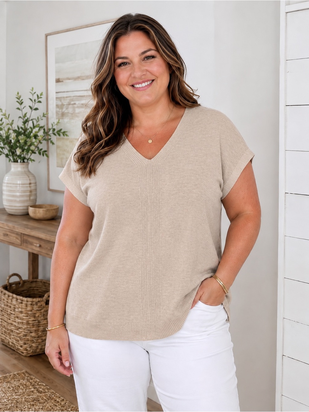 J. Jill Taupe V-Neck Short-Sleeve Knit Tank